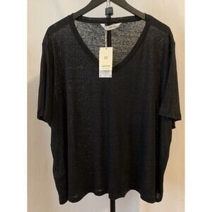 Mango MNG Womens Size 4XL Top Black Linen Blouse Semi Sheer Lightweight